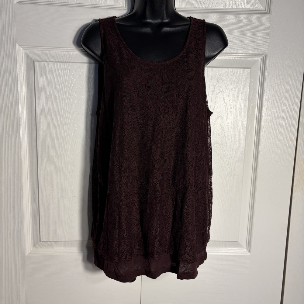 LOFT Outlet Floral Lace Overlay Tank Top Women M Burgundy Scoop Neck Sleeveless